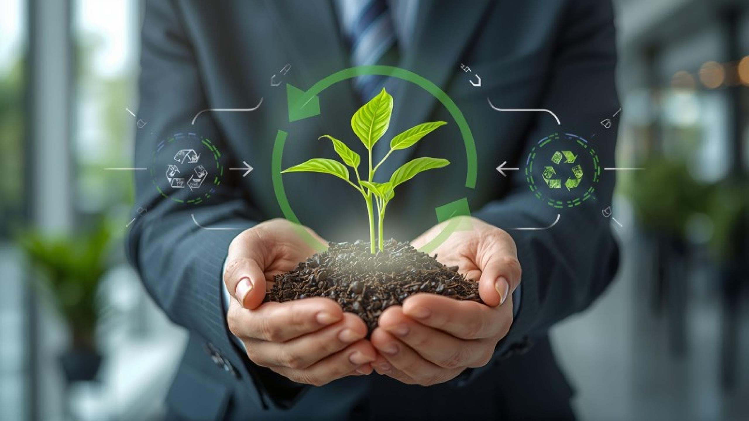 A-professional-news-article-image-about-circular-economy-and-sustainable-business-Show-circular-arrows-recycling-symbols-green-plants-growing-from-recycled-materials-hands-holding-earth-or-sustainable-products